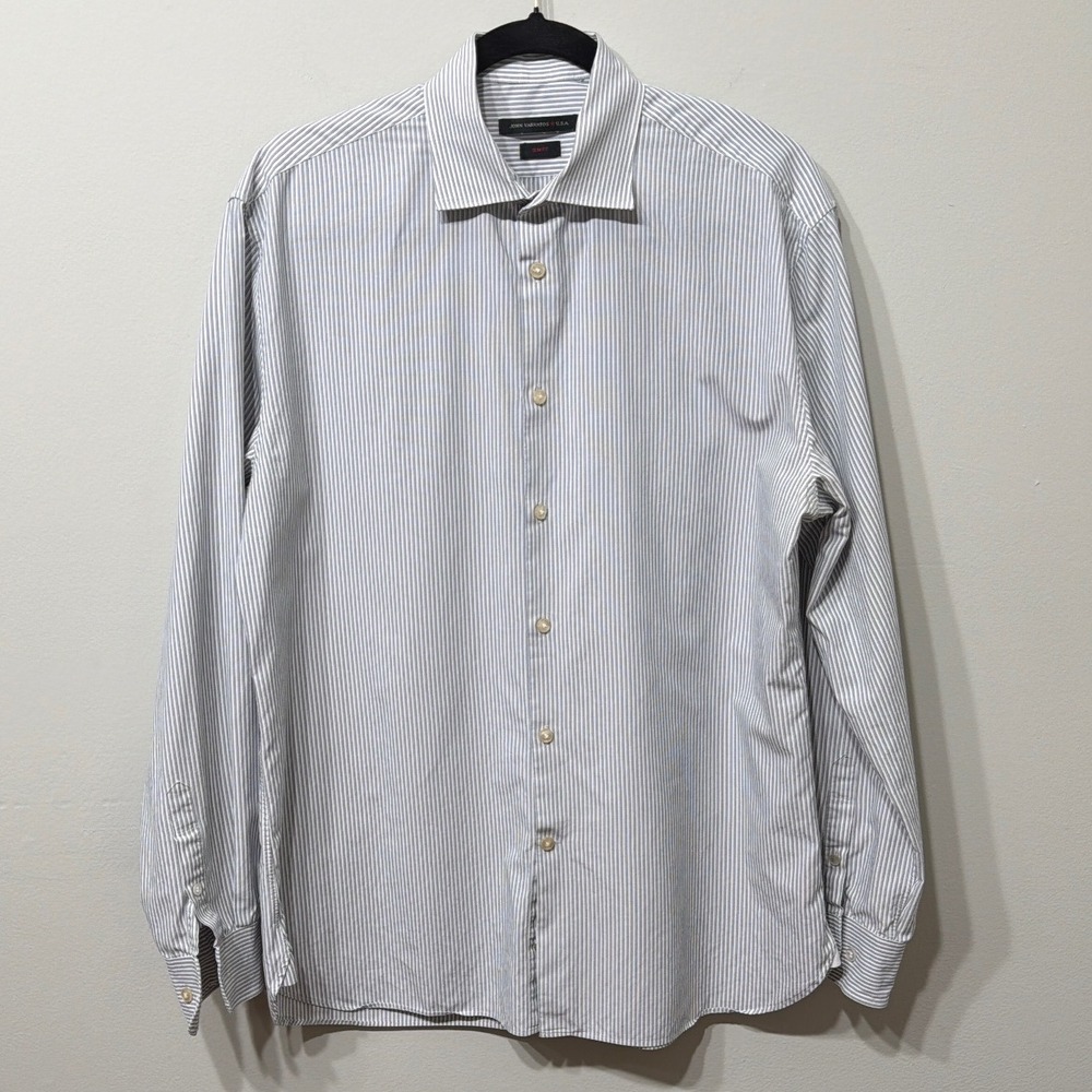 John Varvatos Men Slim Fit Pinstripe Dress Shirt 16.5 34/35 Blue White Cotton